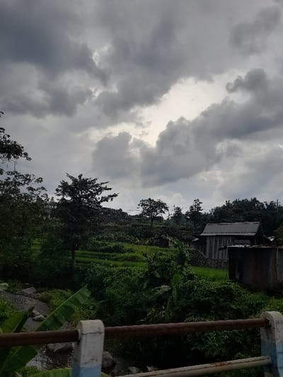 A rural landscape is captured under a heavily overcast sky, with dense, grey clouds dominating the upper portion of the image. Patches of lighter sky are visible through breaks in the clouds, suggesting a cloudy or potentially stormy day.
The midground and background are characterized by lush green vegetation. Terraced fields, likely rice paddies, are visible across the landscape, indicating agricultural land use. Numerous trees with full, dark green foliage are scattered throughout, contributing to the verdant scenery.
A rustic wooden building with a dark, possibly corrugated metal roof stands on a higher elevation, nestled among the trees towards the center-right of the landscape. The building appears weathered, typical of traditional rural structures.
In the immediate foreground on the right, a man-made structure partially frames the scene. It consists of two vertical, rusty dark-colored poles or bars, topped with a horizontal section painted in blue and white. This element suggests the viewpoint might be from a bridge or an elevated platform overlooking the scene.
No people or specific activities are visible in the image. The scene conveys a sense of serene, natural beauty with a rural character, fitting the provided context of Kecamatan Prigen, Indonesia. The light is diffused due to the heavy cloud cover, indicating daytime. There is no visible text.