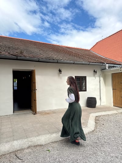 A person dressed in historical or medieval-style attire stands outdoors next to a building in Častá, Slovakia. The individual, seen in profile, has long, reddish-brown hair and wears a dark green gown over a white long-sleeved undergarment, with black shoes and bright orange socks. They are looking downwards, appearing contemplative or observant.
The building features light-colored walls, a prominent terracotta-tiled roof, and a functional rain gutter system. Details on the wall include two decorative sconces, a small window with dark panes, and an upper closed wooden door. Below the person, an open wooden doorway reveals a dark interior with a faint reflection of greenery and sky in a window further inside. A dark wooden barrel rests against the wall behind the person. The ground transitions from patterned grey paving stones immediately adjacent to the building to lighter grey gravel. The scene is set on a bright day under a blue sky with scattered white clouds. No visible text is present.
