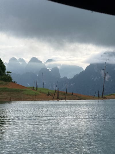 The image depicts a serene, overcast scene in Khao Phang, Thailand, likely at a lake or reservoir. In the foreground, the calm, rippling water reflects the muted sky. The midground features a gently sloping shoreline covered in dry, reddish-brown soil and patches of green grass. Several bare, skeletal tree trunks jut out of the ground and the water, remnants of a submerged forest. Beyond the shoreline, a lush green hillside is visible, dotted with trees. In the background, a dramatic panorama of mist-shrouded limestone karsts rises majestically, their peaks fading into the grey sky. The overall atmosphere is one of tranquil, almost melancholic, natural beauty.
