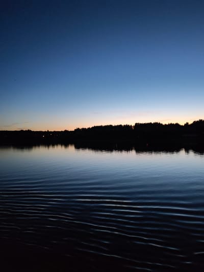 The image depicts a serene lakeside scene at twilight in Михайловский, Russia. The sky transitions from a deep indigo at the zenith to a pale orange and pink hue near the horizon, where a dense line of dark trees silhouettes against the fading light. The trees form a continuous, unbroken edge along the distant shoreline, with a few faint lights suggesting a settlement or scattered buildings within the foliage.

The lake occupies the lower two-thirds of the frame. Its surface is largely dark and reflective, mirroring the dim sky and the tree line. Gentle ripples disturb the water, creating a pattern of undulating lines that extend across the foreground and mid-ground of the lake. These ripples are most pronounced in the lower left of the image, where they are illuminated by an unseen light source, creating subtle highlights and shadows that emphasize the texture of the water. The overall atmosphere is one of tranquility and the peaceful transition from day to night. There are no people or discernible animals visible in the scene. The environment is natural, characterized by the lake and the surrounding woodland.