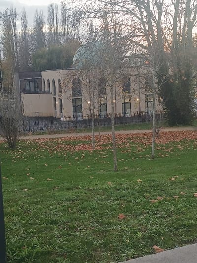 This image, captured in Béthune, France, presents an outdoor scene depicting a verdant landscape with a building nestled behind trees. The foreground is dominated by a lush green lawn, liberally sprinkled with scattered brown and orange fallen leaves, indicative of autumn or early winter. A paved pathway or sidewalk is visible along the right edge of the frame.
Several deciduous trees with bare, intricate branches stand in the middle ground, framing the main structure. Behind these trees, a light-colored building with multiple windows is visible. Some windows emit a warm interior light, suggesting the time of day is late afternoon or early evening. The building appears to have a somewhat classical architectural style, possibly with arched elements, and is fronted by a dark fence. Partially obscured by the building and trees, a distinct bluish-grey dome or rounded structure can be seen towards the left side of the frame. The sky, visible through the bare branches, appears overcast but has a soft, warm glow, potentially from a setting sun, particularly on the left side.
No people are visible in the tranquil setting, and no specific activity is taking place. The scene conveys a peaceful and serene atmosphere, characteristic of a park or institutional area during the cooler months. There is no visible text in the image.