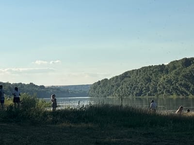 The image depicts a wide, calm river bordered by dense, green, tree-covered hills. The sky is a clear, pale blue with a few wispy clouds and numerous small, dark specks, possibly insects. In the foreground, a grassy bank rises from the water's edge, with tall, dry grass and some green vegetation. Along the bank, several individuals are visible. On the left, three people are standing, two in casual attire, facing the river. Further to the right, a child stands by the water. In the middle distance, a man is partially submerged in the water, and two other figures are near him. The scene appears to be a natural landscape, possibly a recreational area by the river in Vadul lui Vodă, Moldova, given the information provided about the location. The lighting suggests it is late afternoon or early evening, with the sun casting a soft glow on the water and hills.