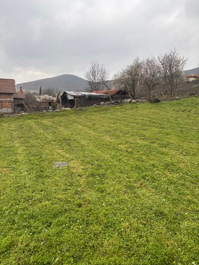 The image presents a rural landscape in Golyam Manastir, Bulgaria, under a uniformly overcast sky. The foreground is occupied by a sloped expanse of recently mown green grass, interspersed with various small plants. In the midground, a collection of structures is visible. To the left stands a brick house with a red tile roof and a visible chimney. Adjacent to it are several weathered outbuildings, one featuring a corrugated metal roof and another with a partially collapsed red tile roof. A low stone wall separates the grassy field from these buildings and a line of trees. Some trees exhibit white or light pink blossoms, while others remain bare. In the background, a large, vegetated hill or mountain ascends against the gray sky. No individuals, animals, or specific activities are visible within the scene.