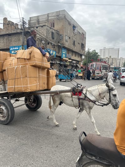 This image depicts a street scene in Karachi Division, Pakistan, featuring a horse-drawn cart loaded with large cardboard boxes. A man, likely the driver, is seated atop the boxes, dressed in a blue outfit and a skullcap, with a grey beard. The cart is pulled by a white horse wearing a harness. In the background, a busy street is visible with various vehicles, including rickshaws, motorcycles, cars, and a decorated bus with "BODY MAKER" written on the back. Buildings line the street, some appearing old and in disrepair, others more modern. The sky is overcast, suggesting a cloudy day. The overall impression is of everyday life and commerce in a bustling urban environment.
