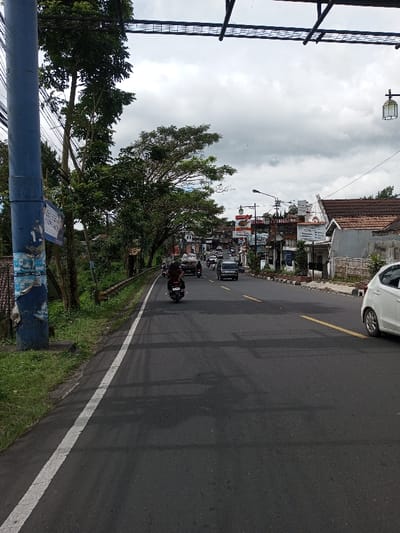 The scene is located in the city of Taohom, Laos, depicting a daytime view of a two-lane asphalt road under an overcast sky.
In the immediate foreground on the left, a blue utility pole, approximately 0.5 meters in diameter, stands vertically, displaying faded white and blue posters. Behind this pole, a vegetated embankment ascends, bordered by a weathered metal guardrail running parallel to the road. Dense green foliage and mature trees line this left side of the road, extending into the background.
On the far right, a white five-door hatchback vehicle is partially visible, either stationary or in slow motion. Further down the road on the right, a sequence of multi-story buildings, exhibiting varied architectural styles, lines the street. One structure features a prominent reddish-brown tiled roof. Multiple commercial signs are affixed to these buildings, including a large red billboard with white text and a white sign displaying blue text. A decorative street lamp with a lantern-style head is partially visible at the top right.
The asphalt road features a solid white line marking the left shoulder and broken yellow lines delineating the two main traffic lanes. Traffic is observed moving away from the viewer. In the left lane, a single individual, dressed in a dark shirt, operates a black motorcycle. Directly behind this motorcycle, another motorcycle carries a significant, bundled load, consisting of several dark sacks. Further in the distance, multiple dark-colored passenger vehicles, including a minivan or SUV, are present within the traffic flow. Overhead, dark metal structures and utility wires traverse the upper portion of the frame.