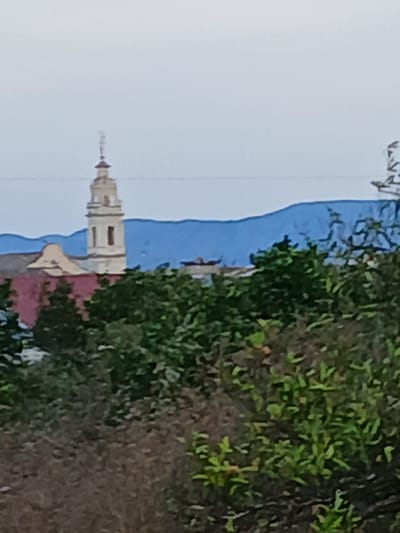 The image shows a distant view of a bell tower in the city of Senyera, Spain. The tower is light-colored and has a pointed roof. It is surrounded by trees and buildings, with a blue mountain range in the background. The sky is overcast. The scene is captured from a distance, with the tower being the focal point of the image.
