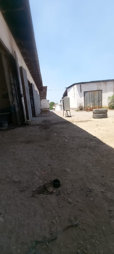The image depicts an outdoor scene in what appears to be a workshop or industrial area. The viewpoint is low and angled, with the ground occupying a significant portion of the frame. The ground is rough and dusty, with scattered pebbles and some debris. In the foreground, to the right, there is a circular object embedded in the ground, possibly a drain cover. A shadow from an unseen structure falls across the ground, indicating a bright, sunny day.
In the background, there are buildings that suggest a utilitarian setting. One building on the left has a corrugated metal door or shutter, and a white facade. Adjacent to this building, two tires are stacked vertically. Further back, more structures are visible, including what looks like roofing materials piled up. A small, light-colored object, possibly a refrigerator or cabinet, stands outdoors near a metal frame. The sky is clear and light blue, reinforcing the impression of daytime and good weather. The overall scene is devoid of people, and the objects present suggest a working environment rather than a residential one. There is no visible text within the image. The location context is Almalyk, Uzbekistan.