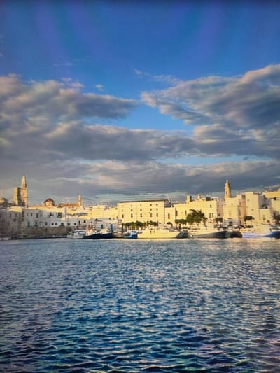 The image shows a waterfront scene with buildings and boats. The buildings are white with some architectural details, including arched windows and towers. There are several boats docked in the water, some of which appear to be fishing boats or small yachts. The water is blue and choppy, with sunlight reflecting off the surface. The sky is a vibrant blue with scattered clouds. The overall impression is of a picturesque coastal town, possibly in the Mediterranean. This scene is not located in Zrenjanin, Serbia, as Zrenjanin is an inland city and does not have a waterfront of this nature.