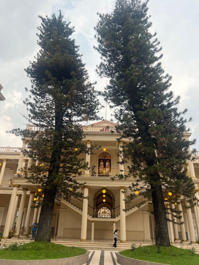 The image depicts a building with a classical architectural style, featuring white columns, gold accents, and a decorative entrance. Two tall, dark-trunked coniferous trees are positioned in front of the building. String lights are draped along the trees and the building's structure. The building appears to have multiple levels with visible staircases and ornate railings. People are present near the building. The background features an overcast sky. This appears to be the Teatro Nacional de San Salvador, located in San Salvador, El Salvador.