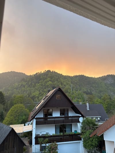 The image, viewed in landscape orientation, depicts a tranquil scene in a mountainous region, likely Forbach, Germany. In the upper left foreground, a section of a gray-white building or balcony structure is partially visible. The mid-ground on the right features two multi-story houses. The more prominent house has a dark brown gable roof, white walls, and several balconies adorned with dark wooden railings. A satellite dish is mounted on its side, and a palm tree grows near one of the balconies. A second house is partially visible behind and to the right of the first, also featuring a brown roof.
The background is dominated by a vast, densely forested mountain or hillside, covered in various shades of green trees. Faint power lines and their pylons are discernible running across the lower section of the forested slope. The sky, particularly on the left side, exhibits a striking gradient of colors, transitioning from a hazy, light gray-blue at the top to a vibrant golden-orange glow along the horizon line where it meets the forest. This warm, diffused light strongly suggests either sunrise or sunset. A black numeral "5" is clearly visible on the white wall of the closer house. The scene conveys a sense of peacefulness and calm.