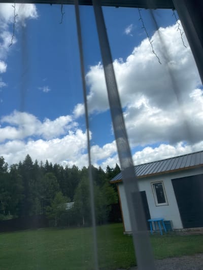 The image depicts a view through a sheer curtain towards an outdoor scene. In the foreground, the white curtain partially obstructs the view, with vertical folds creating lines across the image. Two strings of small, decorative lights hang down from the top edge, also partially obscured by the curtain.
The background features a bright blue sky dotted with fluffy white clouds. Below the sky, a dense line of dark green coniferous trees stretches across the middle ground. To the right, a white building with a gray metal roof is visible. It appears to be a garage or outbuilding with a single window and two dark-colored doors. A small, bright blue stool and a blue bin are placed on the grass in front of the building. A dark fence runs along the left side of the property, separating the green lawn from the treeline. The overall environment suggests a rural or suburban setting on a sunny day. There are no people visible in the image.