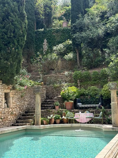 This outdoor shot depicts a serene location in Saint-Victor-la-Coste, France. On the right side is a swimming pool filled with aqua-blue water. A patio set, complete with a table covered by a pink tablecloth, sits beside the pool. Stone steps lead away from the pool, alongside which terracotta pots house various plants. In the background, a stone wall overgrown with vegetation contributes to the scene's natural aesthetic. Trees are plentiful, enhancing the tranquil outdoor atmosphere.
