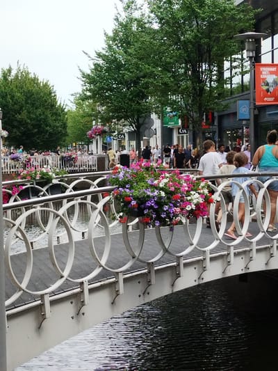 This media file depicts a bustling scene on a bridge in Zaandam, Netherlands. The bridge spans a dark body of water, reflecting the overcast sky. The bridge itself is a notable object, painted white with a decorative railing featuring circular motifs and planters overflowing with colorful flowers, primarily pink, purple, and red.
On the bridge and the street behind it, numerous people are visible. They appear to be engaged in a variety of activities, from walking and conversing to shopping or sightseeing. The clothing of the individuals suggests a casual, warm-weather day, possibly late spring or summer. There are men, women, and children, indicating a mixed group.
In the background, buildings line the street, suggesting a commercial or urban area. Some of the buildings have large windows, and there are trees planted along the street, contributing to a pleasant, albeit busy, urban environment. A lamp post with a red banner is also visible, adding to the streetscape.
Visible text includes "C&A" on a building, indicating a retail store. The red banner also contains text, partially visible as "STADSHART MET KARAKTER," which translates to "City Heart with Character." This text, along with the general ambiance, suggests a lively downtown area. The overall mood is one of everyday activity and pleasant urban life, with the floral decorations adding a touch of beauty to the scene. The time of day appears to be daytime, and the weather is overcast, creating a soft, diffused light.