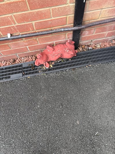 The image shows a red ceramic pig lying on its side next to a brick wall, a black pipe, a gravel strip, a metal drain, and asphalt. The scene is likely outdoors. Minsterley, United Kingdom is not explicitly indicated, but included as a location. No people are visible.