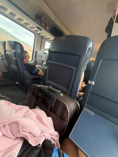 The image depicts the interior of a train carriage. A man with short hair and a beard is seated in a blue and black patterned seat, looking out the window. He is wearing a black t-shirt with blue and white detailing on the sleeves and dark shorts. Luggage is visible in the foreground, including a brown suitcase with a silver handle and a pink garment draped over it. Other passengers and seats are partially visible in the background. The environment suggests a travel setting, possibly on a journey through a rural landscape, as indicated by the view outside the window. The location in the city of Bliznets, Bulgaria, is not ascertainable from the image itself.