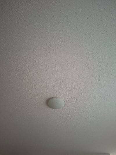 An overhead view captures an interior ceiling surface in Neuhausen am Rheinfall, Switzerland. The ceiling is uniformly coated in a light gray, fine-grained, textured finish. A single, oval-shaped light fixture is flush-mounted to the ceiling, positioned slightly right of the vertical center of the frame. The fixture features a frosted white diffuser cover, approximately 10-12 cm in length, with several small, dark circular perforations visible on its surface, primarily on its right half. No individuals or additional objects are present in the visible scene.