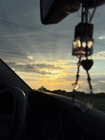 This media file depicts a view from inside a vehicle looking out the windshield during sunset. The sun is low in the sky, casting a warm, golden light on the clouds. The clouds are wispy and elongated, with streaks of light suggesting movement. The sky is a gradient of soft blues and oranges.
In the foreground, a beaded string with a heart-shaped charm is hanging from the rearview mirror. The beads are mostly dark, with some reflective elements. Part of the vehicle's interior is visible, including the dashboard and a headrest, rendered in dark shadows that contrast with the bright sky. A side mirror is also partially visible on the left.
Beyond the windshield, a landscape of fields and trees can be seen, silhouetted against the setting sun. In the distance, there appear to be power lines stretching across the horizon. The overall mood is serene and contemplative, likely captured during a drive. The time of day is clearly sunset, and the weather appears clear with scattered clouds. The location context of Novomar'evskaya, Russia, suggests a rural or semi-rural setting. No text is visible in the image.