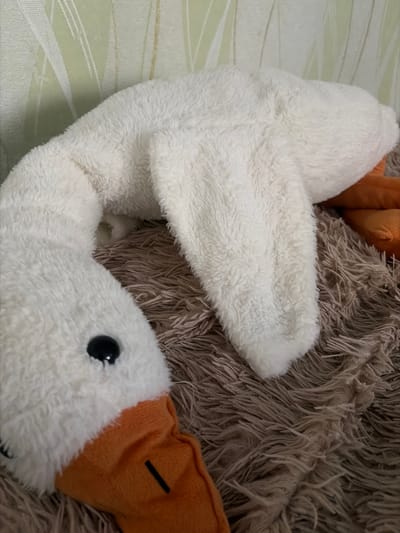 This media file is a close-up photograph of a white plush toy duck, positioned on a fluffy brown textured surface. The duck's head is visible on the right side of the frame, featuring a black eye and an orange beak with a black line detail. Its white body extends across the left side of the image, with a textured, furry appearance. The plush toy is lying on a patterned surface with light green and beige stripes. Another plush toy, partially visible in the upper background, appears to be orange. The lighting suggests an indoor setting, possibly a room. No text is visible in the image, and there are no discernible clues about the time of day, weather, or specific emotions. The overall impression is that of a still life featuring children's toys.