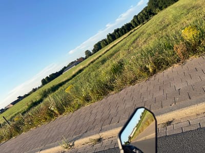 The image shows a view of a grassy field with a line of trees in the distance, under a clear blue sky with scattered clouds. In the foreground, there is a paved pathway made of grey bricks. The pathway is bordered by a curb and overgrown grass. A motorcycle's side mirror is visible in the lower right corner, reflecting a road and the surrounding landscape, including a white building and trees. The overall scene suggests a rural or suburban setting, possibly in Nieuwenrode, Belgium, given the architectural style of the buildings visible in the reflection and the landscape. There are no people visible in the image. The lighting indicates it is daytime, likely late afternoon given the long shadows.