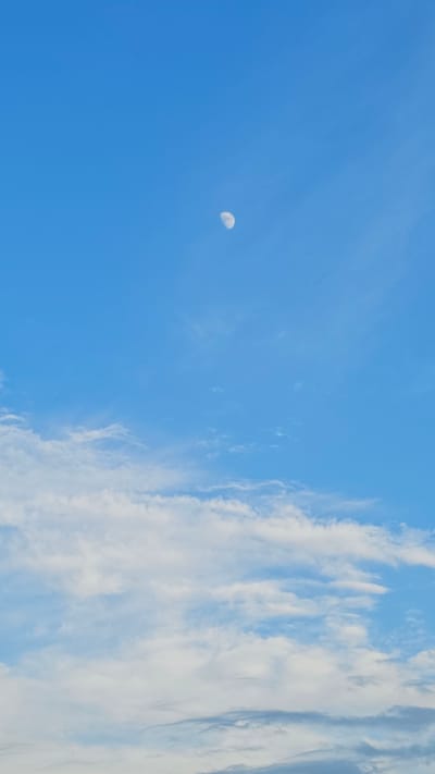 The media file depicts a clear blue sky with wispy white clouds on the right side of the frame. A crescent moon is visible in the upper left quadrant of the sky. The image appears to be taken during the daytime, given the brightness of the sky and the visibility of the moon. There are no people or objects visible in the scene, only the sky and clouds. The overall mood of the image is serene and expansive. There is no visible text in the media file. The location context provided is Панфилово, Kazakhstan.