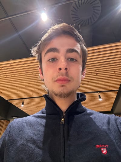 A young man with light hair, light eyes, and stubble poses indoors. He wears a zipped-up navy blue sweater with a "GANT" logo on the right chest. Vertical wooden slats form the background. Overhead, a circular ventilation system is visible, along with recessed lighting casting bright spots. The image is taken from a low angle, presenting an upward perspective of the subject.