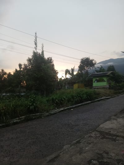 A view of a roadside in Tha Yet Gwa, Myanmar at dusk. The road is partially paved with dark asphalt and patched concrete. On the left, lush vegetation and trees line the road. A small green wooden structure stands among the vegetation, with a yellow structure behind it. Power lines stretch across the sky, and a distant mountain peak is visible in the background, partially obscured by clouds.