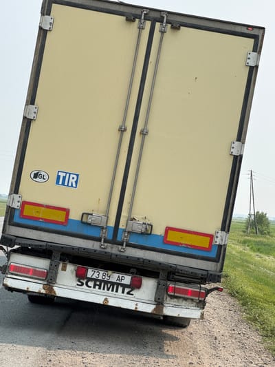 The image shows the rear of a light yellow semi-trailer truck parked on a gravel road. The trailer has a blue stripe running vertically down the center of the rear doors, which are secured with metal latches. There are two red and yellow reflective signs on the doors. A "TIR" sticker and a circular "GL" logo are also visible on the left door. The truck's license plate reads "73 89 AP" and "SCHMITZ". Red taillights and brake lights are visible on the rear of the trailer. The setting appears to be rural, with a field of green grass and a few trees in the background under a hazy sky. The time of day seems to be daytime, possibly late morning or early afternoon, given the lighting and shadows. There are no people visible in the image. The truck is not actively moving, and the scene is static. The overall impression is that of a parked commercial vehicle in a roadside setting.