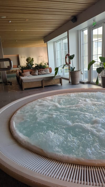 The image shows an indoor hot tub with bubbling blue water in the foreground. The hot tub has a white ribbed edge. In the midground, a wooden daybed with cushions and pillows is visible, positioned near a large window. Several potted plants are placed around the daybed and near the window. Behind the daybed, there appears to be another pool area and lounge chairs. The ceiling is made of wooden slats. The overall environment suggests a spa or wellness area. The image is located in Larkollen, Norway.