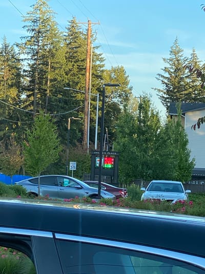 The image depicts an outdoor scene in South Hill, United States of America, likely during daylight hours with clear skies. In the foreground, the roof and side mirror of a black car are visible. Beyond this, a silver Tesla Model Y is parked, facing left, with pink flowers and greenery surrounding it. To the right of the Tesla, a silver sedan is parked, also facing left, partially obscured by foliage.
In the mid-ground, a digital sign displays prices for "Jail's Place" and gas prices, with numbers like "5.59" and "5.79" clearly visible. A "SPEED LIMIT 35" sign is also present. A tall wooden utility pole with power lines runs vertically through the scene.
The background is dominated by a dense forest of tall evergreen trees. A residential building with a dark roof is visible on the far right, behind the trees. The overall environment suggests a suburban or semi-rural setting. There are no people visible in the image.
