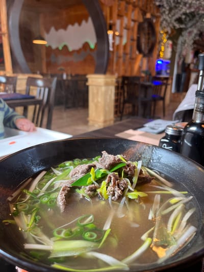 The image captures the interior of a restaurant located in Bad Sobernheim, Germany. The foreground is dominated by a black ceramic bowl holding a dish of noodle soup containing sliced beef, white noodle-like strands, and an abundance of green scallions or leeks. To the right of the bowl, on a dark wooden table surface, a black bottle, likely for oil or soy sauce, and a silver metal shaker, possibly for salt or pepper, are present.

In the mid-ground, a person's left arm and a portion of their striped long-sleeved shirt are visible to the left, adjacent to a white high chair. The background depicts a warm-toned restaurant interior with blurred details. Dark wooden chairs and tables are scattered throughout. Notable architectural and decorative elements include a light-colored wooden pillar, a large dark circular wall decoration featuring a wavy green and brown pattern, vertical wooden slat accents, and a blurred, glowing blue light source. A white, possibly artificial, floral arrangement can be observed on the far right.