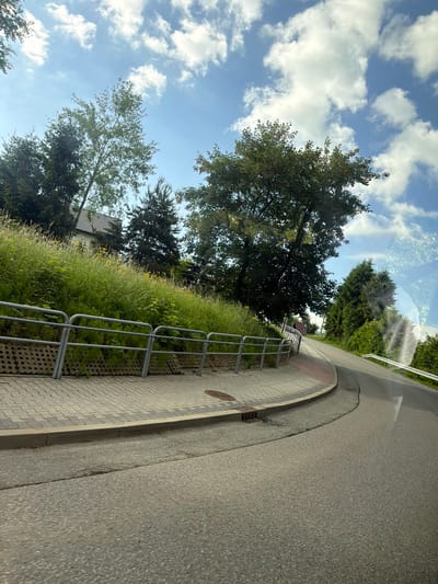The image depicts a curving asphalt road in Wilkowisko, Poland, bordered by a paved sidewalk and a grassy embankment. A metal railing runs along the sidewalk, separating it from the embankment which is covered in tall green grass and dotted with small yellow flowers. Several trees, including evergreens and deciduous trees, are visible on the embankment and in the background, with a building with a grey roof nestled among them. The sky above is blue with scattered white clouds. The perspective suggests the photo was taken from a vehicle moving along the road.