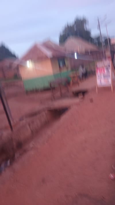 This is a blurry, vertically oriented image that appears to have been taken at dusk or dawn in Donga, Nigeria. The primary subjects are buildings and some vegetation. The image captures a scene that includes what looks like a dwelling or a shop with a slanted roof. There are visible lights, suggesting either artificial lighting or the natural light of sunrise/sunset. The ground appears to be a dirt or sandy path. The overall impression is of a rural or semi-urban setting. The blurriness of the image prevents identification of specific people or detailed objects, but it suggests a moment captured in motion or with low light conditions. There is a sign with text visible at the top of the image, but the words are illegible due to the image quality. The color palette is dominated by muted earthy tones and the soft hues of twilight.