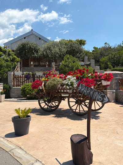 A wooden wagon filled with colorful flowers, including red, white, and pink blossoms, is positioned on a paved area. A sign pointing to the right with the word "PARKING" written on it is attached to a wooden post in front of the wagon. To the left of the wagon, a potted plant with green fronds sits on the pavement. In the background, a building with a pitched roof and surrounding trees can be seen under a blue sky with white clouds. The scene appears to be outdoors, possibly in a garden or courtyard. The location is specified as the city of Zagora, Montenegro.