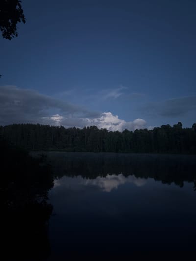 The image depicts a tranquil, dusky scene of a lake reflecting a forest and sky. The sky, a gradient of blues, holds clouds partially obscuring the light. The reflection of the clouds is visible on the water surface, adding to the mirror effect. A dense line of trees dominates the composition, mirrored below on the surface of the water. The foreground is dark. This appears to be near Krasnyi Jar, Russia.