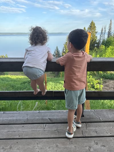 Two children are standing on a wooden deck or platform, looking out over a body of water with trees in the background. The child on the right is wearing a peach-colored shirt, light green shorts, and white sandals. The child on the left is wearing a striped shirt and light green shorts and is barefoot. The children are holding onto a wooden railing. The deck appears to be made of gray wooden planks. The location is in Галево, Russia.
