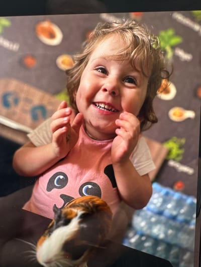 The image, taken in Веревское, Russia, captures a joyful moment indoors featuring a young child and a guinea pig. The child, with light brown hair and dark eyes, is smiling broadly at the camera, revealing their teeth. They are wearing a pink t-shirt with a prominent black and white panda face design, including blue highlights in the eyes. The child's hands are raised in front of them, adding to an expression of happiness and engagement.
To the right of the child, a tri-colored guinea pig, with patches of brown, white, and dark fur, is visible, positioned close to the child's upper body. The interaction appears gentle and playful.
The subjects are situated against a dark grey background, which appears to be a mat or soft surface patterned with blurry, circular and oval shapes in various colors like light yellow, orange, and green, possibly representing stylized food items. In the deeper background, out of focus, there are indistinct shapes resembling a stack of bottled water or similar clear containers with blue contents. The overall scene suggests a warm and happy domestic setting.