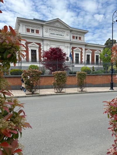 The image shows the Banca Națională a României (National Bank of Romania) building in Craiova, Romania, taken from across the street. The building is a two-story structure with a red brick and white facade, featuring arched windows and a triangular pediment with the bank's name inscribed on it. A metal fence runs along the front of the building, behind which are hedges and a red-leaved tree. On the sidewalk next to the street, there are several potted plants in decorative iron frames. The street is gray asphalt. In the foreground, there are flowering shrubs with red and green leaves. Above the building, there are clouds in the blue sky. A lamppost is also visible on the far left side. There appear to be people sitting within the potted plants.