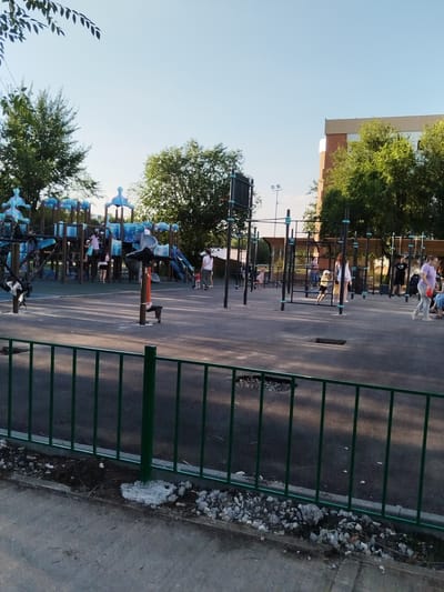 The image depicts an outdoor public recreational area, likely a playground and a sports ground, in the city of Roshchinskiy, Russia. In the background, a multi-story brick building with a beige upper section is visible, partially obscured by lush green trees. The foreground features a green metal fence separating a paved area from a dirt and gravel border.

Within the recreational space, a vibrant, blue and silver playground structure with slides and climbing elements is prominent. Several people, including children and adults, are scattered throughout the area, engaged in various activities. Some are on the playground equipment, while others are walking or standing nearby.

To the right of the playground, a series of black metal bars, forming what appears to be a calisthenics or workout area, are set up. More individuals are present in this section, with some appearing to use the equipment. The ground is a dark, paved surface, showing signs of wear and tear with some scattered debris. The sky is clear and a light blue, suggesting fair weather. The overall scene conveys a sense of everyday activity in a community park.