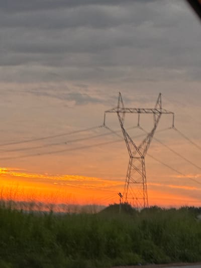 This image depicts a wide shot of a rural landscape at sunset, with a large electricity pylon dominating the center-right of the frame. The sky is a vibrant gradient of orange and yellow near the horizon, transitioning to grey and dark clouds overhead. Several power lines extend from the pylon across the sky. In the foreground, a dense field of green grass or reeds is visible, with hints of darker vegetation and possibly trees in the middle ground. The overall impression is one of a vast, open space illuminated by the dramatic colors of a setting sun. There are no people or identifiable structures in the immediate vicinity of the pylon. The image's quality is slightly blurred, suggesting it may have been taken from a moving vehicle or with an unsteady hand. This scene is likely located in a rural area of Orifite, Nigeria, given the presence of such infrastructure and the natural vegetation.