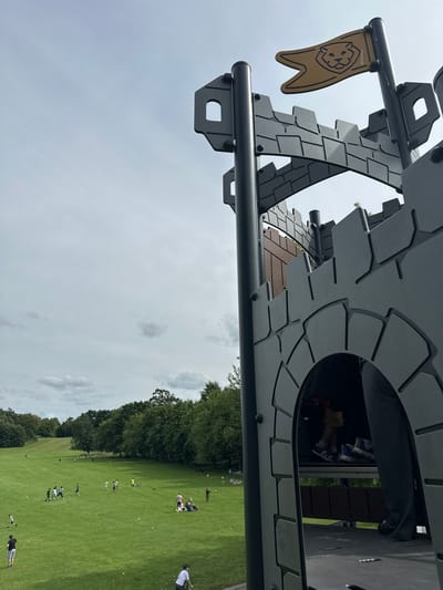 A wide-angle, low-angle outdoor shot captures a playground structure resembling a castle in the foreground, with a park and a cloudy sky in the background. The playground structure is dark gray and detailed with crenellations and arched openings, suggesting a toy castle. A yellow flag with a lion emblem is attached to the top of the structure. In the background, a green, grassy park is visible with several people scattered across it, some of whom are playing or picnicking. Trees line the edge of the park, and the sky is overcast with scattered clouds. The scene appears to be set in a city park.