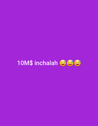 This image is a digital graphic with a solid purple background. Centered horizontally and slightly below the vertical midline are white alphanumeric characters spelling "10M$ inchalah". To the immediate right of this text are three standard Unicode emojis: two "Face with tears of joy" (😂) followed by one "Grinning face with sweat" (😅). No physical location, including within Gimpo-si, South Korea, is depicted or inferable. There are no people, tangible subjects, objects, actions, or environmental elements present; the image consists exclusively of text and emojis superimposed on a monochromatic field.