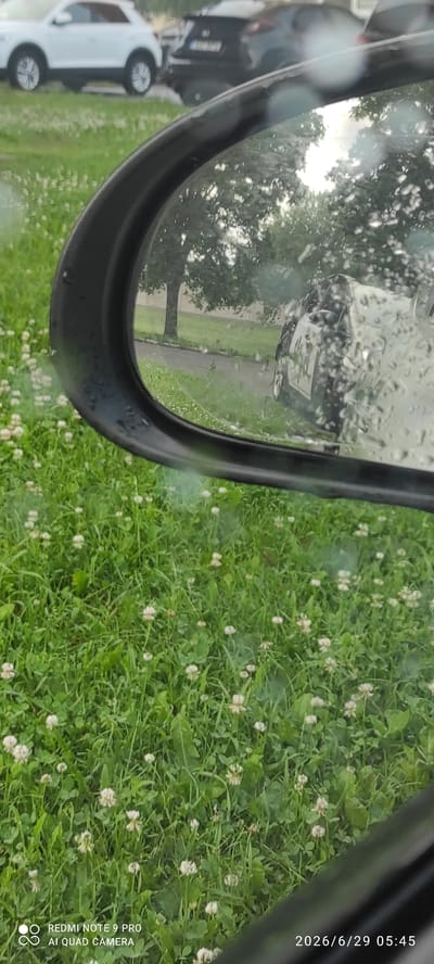In a close-up shot taken outdoors, the foreground is dominated by a dense green lawn covered in small white clover flowers. The focus then shifts to a car's side mirror, partially obscured by water droplets, reflecting a scene behind. The reflection reveals a paved road running alongside a grassy area and a tall tree with its branches reaching towards a cloudy sky. Beyond the tree, buildings are visible. In the background, a white SUV is parked. Another car, possibly a police vehicle, is partially visible in the reflection. The scene is set in the city of Maardu, Estonia, with the timestamp "2026/6/29 05:45" and "REDMI NOTE 9 PRO AI QUAD CAMERA" printed on the lower left corner of the image.