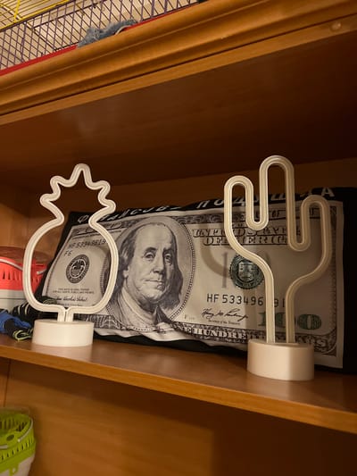 In Skawina, Poland, on a wooden shelf, a backdrop of a large, stylized US hundred-dollar bill is displayed. In front of this backdrop stand two white, neon-like lights. The light on the left is shaped like a pineapple, and the one on the right is shaped like a saguaro cactus. Some fabric items, one possibly neon orange and blue, are visible behind the lights and to the left. The top shelf above the display shows a glimpse of a hamster cage with a fluffy grey toy inside. The overall scene suggests a decorative display on a shelf in a room.