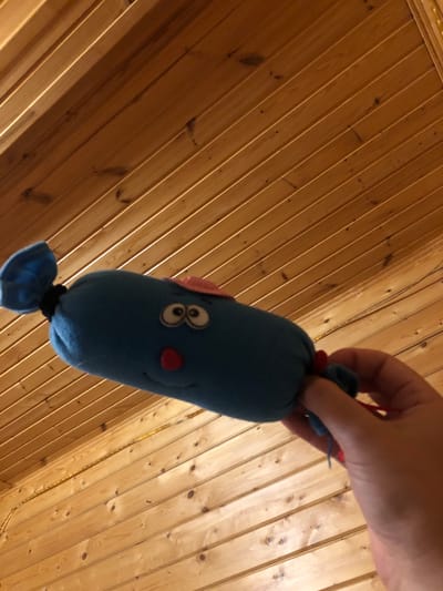 A person's hand holds a blue stuffed toy that resembles a sausage. The toy has googly eyes, a red nose, and a pink accessory on its head. The toy is held against a background of wooden planks, likely a ceiling or wall. The scene is indoors, with a strip of yellow LED lights visible along the wooden surface. The location is identified as Moskovskiy Veterán Snt, Russia.