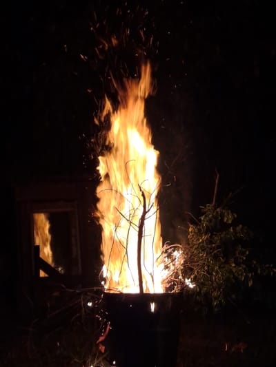 This media file captures a vivid scene of a large outdoor fire burning at night in Полянки, Russia. The primary subject is a substantial fire with bright orange and yellow flames that spread prominently across the lower and central parts of the image, moving from right to left. Numerous glowing embers and sparks are visible, scattering upwards and to the left against the dark background, indicating intense heat and active combustion.
Dark, silhouetted branches and some leafy foliage are visible in the upper right and central portions of the frame, with some branches directly within or extending into the flames. To the far right, a dark, rectangular structure or container is present, possibly a burning shed, a large bin, or a custom-built incinerator. This structure features a distinct, window-like opening near its base, reflecting the intense orange light of the fire.
The setting is clearly outdoors at night, as evidenced by the deep blackness surrounding the illuminated areas of the fire. The activity depicted is a large-scale burning event, possibly a controlled bonfire or the disposal of brush/waste. No people or discernible text are visible in the image. The overall impression is one of raw energy and warmth emanating from the powerful blaze.