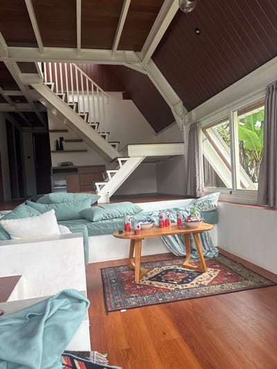 The image shows a multi-level interior space featuring wooden and metal structures. A white staircase leads to upper levels. A skylight provides natural light. The interior includes a couch with light blue cushions and a wooden coffee table holding multiple cans. A patterned rug lies on the wooden floor. The perspective is a top-down view, and the image is rotated.