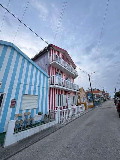 The image depicts a street in Ílhavo, Portugal, known for its distinctive striped houses. The houses are painted in vibrant colors, predominantly blue, red, and yellow, with white stripes. The houses have varying architectural styles, some with balconies and intricate railings. A street runs alongside the buildings, and other structures are visible in the distance. The sky is overcast, with power lines intersecting the view. A light post stands near the street.