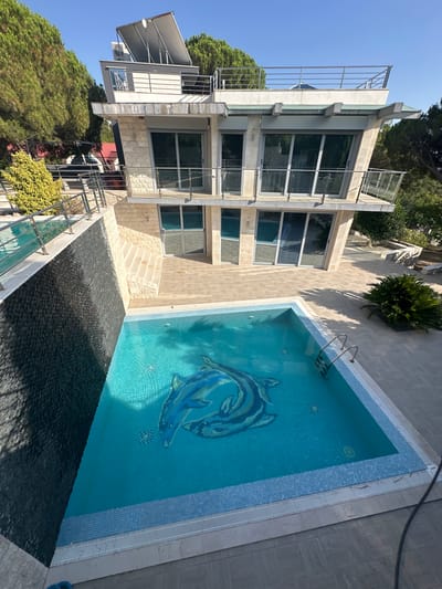 This is a medium-angle, eye-level, long shot of a modern villa with a swimming pool in Brca, Montenegro. The villa is a multi-story building with a light stone facade, large glass windows, and multiple balconies with metal railings. A flat roof with solar panels and air conditioning units is visible. The swimming pool is in the foreground, filled with turquoise water and features a mosaic of two blue dolphins at the bottom. The pool is surrounded by light-colored paving stones. To the left of the pool, a dark stone wall slopes upwards, leading to a retaining wall with a metal railing and a small tree. Stairs made of light stone connect the pool area to a higher level. Lush green trees are visible behind the villa and to the sides. The sky is clear and blue. No people are present in the scene.