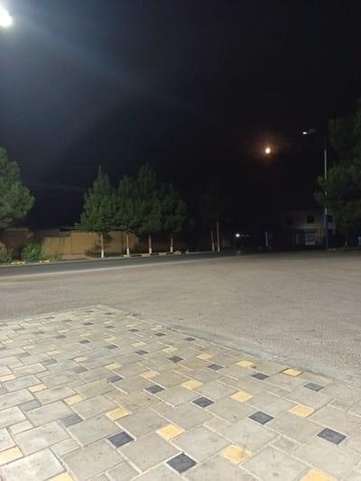 The image is a nighttime outdoor scene in the city of Guliston, Tajikistan. In the foreground, a patterned walkway made of rectangular pavers in shades of gray, yellow, and beige is visible. This walkway transitions into a paved road. Beyond the road, a row of coniferous trees with light-colored bases stands along a low wall. Further in the background, there are buildings, including one with windows and a dark roof. A street lamp with a lit bulb is present on the right side of the image. The sky is dark, with a bright, hazy moon visible in the upper right quadrant. The scene appears to be a public area at night.