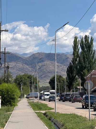 This image captures a street scene in Talas City, Kyrgyzstan, with a backdrop of rugged, mountainous terrain under a partly cloudy sky. A paved sidewalk runs along the left side of the street, bordered by lush green grass and a small drainage ditch. Several streetlights are visible along the sidewalk, some with visible electrical wires attached to poles.
The street itself is populated with various vehicles, including a silver van, several dark-colored SUVs, and a red station wagon, all appearing to be in traffic. A traffic light with a green signal is visible in the distance. On the right side of the street, a brick house with a tiled roof and a round metal sign on a pole are present. Tall, slender trees stand in front of the house, contrasting with the lower green bushes and trees lining the left side of the road. The mountainous landscape in the background features layered, rocky slopes with some patches of snow or lighter-colored rock near the peaks, suggesting a significant elevation. The overall impression is a semi-urban environment situated close to a natural, mountainous region.